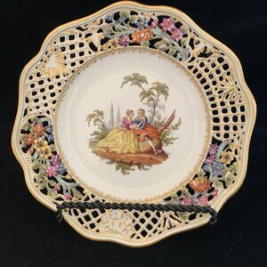 Helena Wolfsohn Reticulated Plate 8.5" Watteau Couple Scene Dresden Germany 2